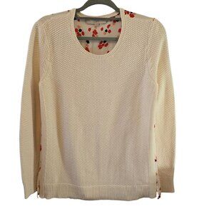 LOFT COTTON IVORY TOP SIZE MEDIUM MIXED MEDIA CREW NECK FLORAL CHIFFON BACK